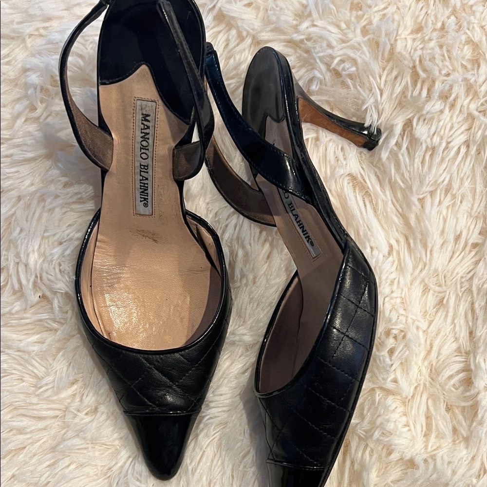 Manolo Blahnik Black Quilted Pointed Slingback Heels